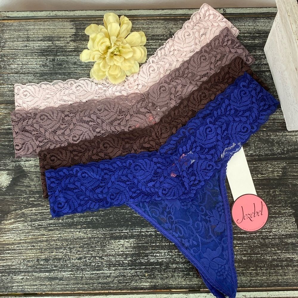 Jezebel SET of 4 Pink Blue & Brown Lace Thong Panties‎ NEW M
